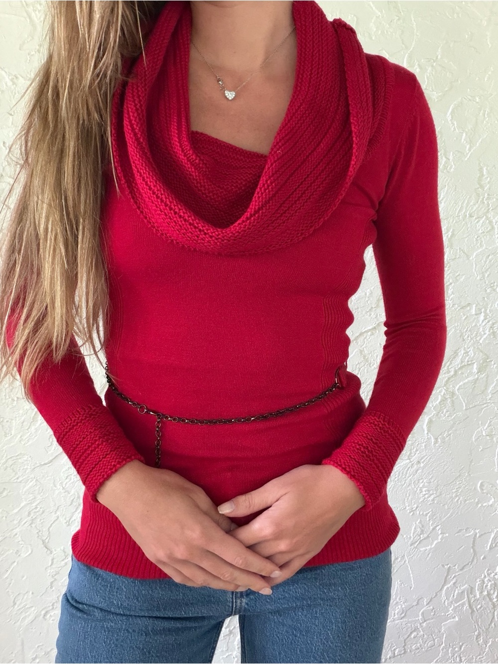 Cache Red Cowl Neck Belted Sweater